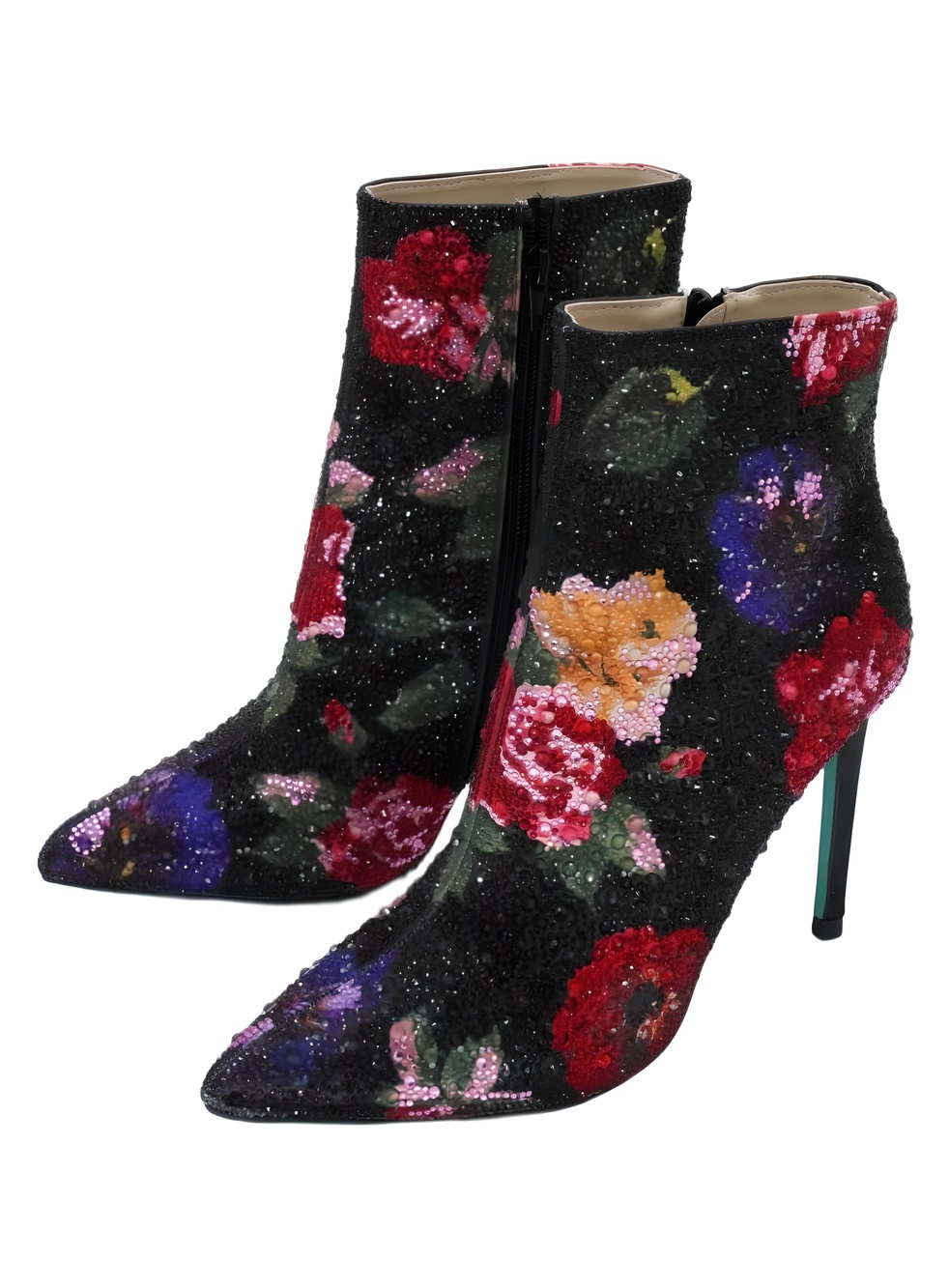 Betsey Johnson Belle Rhinestone Stiletto Heel Ankle Boots Black Flower Size 8M - Picture 2 of 6